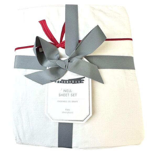 Pottery Barn Monique Lhuillier Nell Embroidered Red Bow Cotton Sheet Set Full - Picture 1 of 6